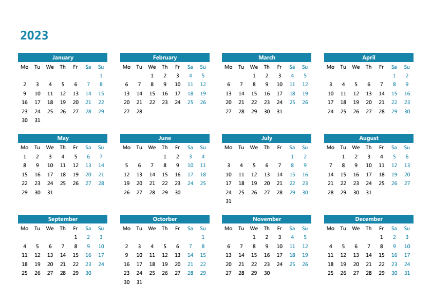 2023年日历 A4横向 英文版 无农历 无周数 周一开始